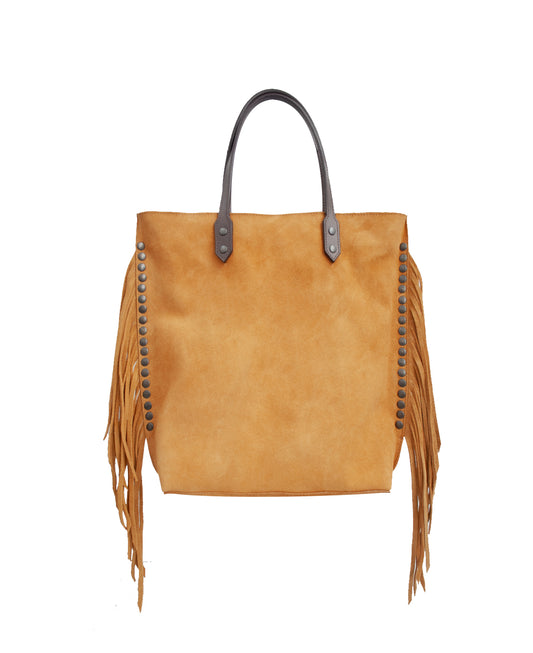 → PRE-ORDER Chavela Studded Tote Bag with fringes: Radiant Mustard Genuine Suede