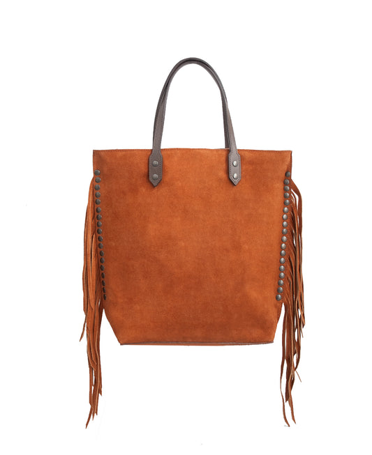 → PRE-ORDER Chavela Studded Tote Bag with fringes: Vibrant Apricot Genuine Suede