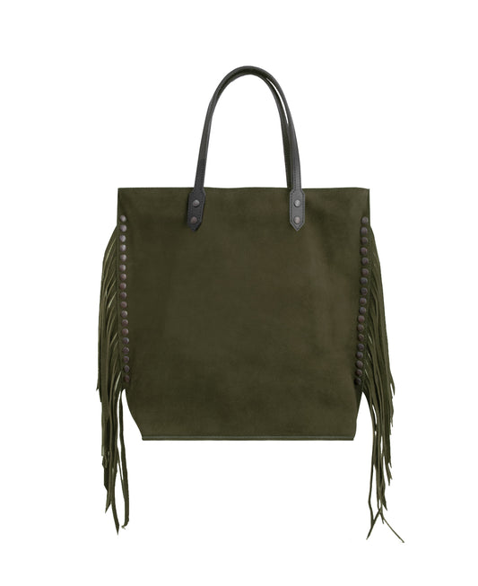 → PRE-ORDER Chavela Studded Tote Bag with fringes: Soft Olive Green Genuine Suede