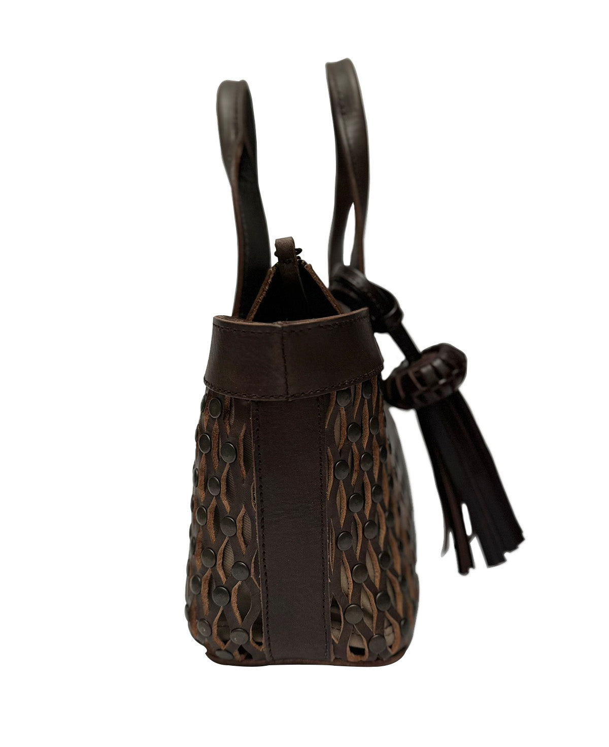 Side view of the petite Studded Mini Tulum showing its compact and bold silhouette.