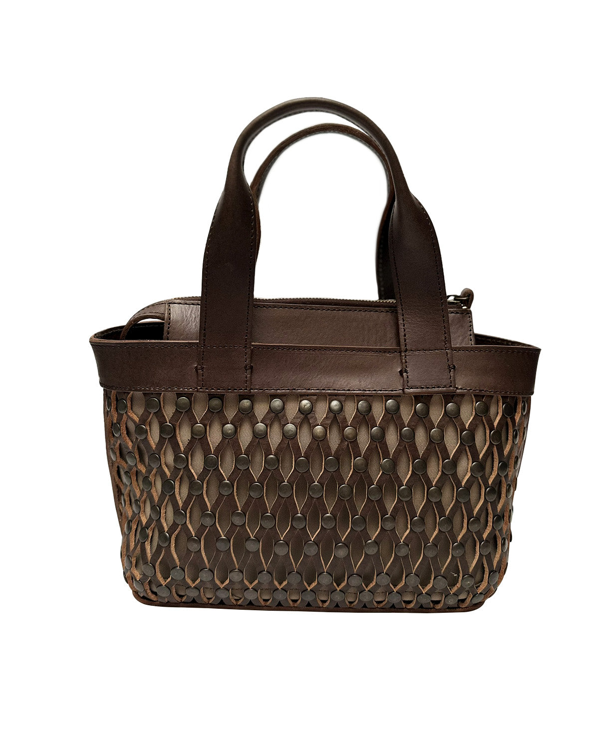 Back view of the Studded Mocha Leather Mini Tulum handbag with metallic rivets.