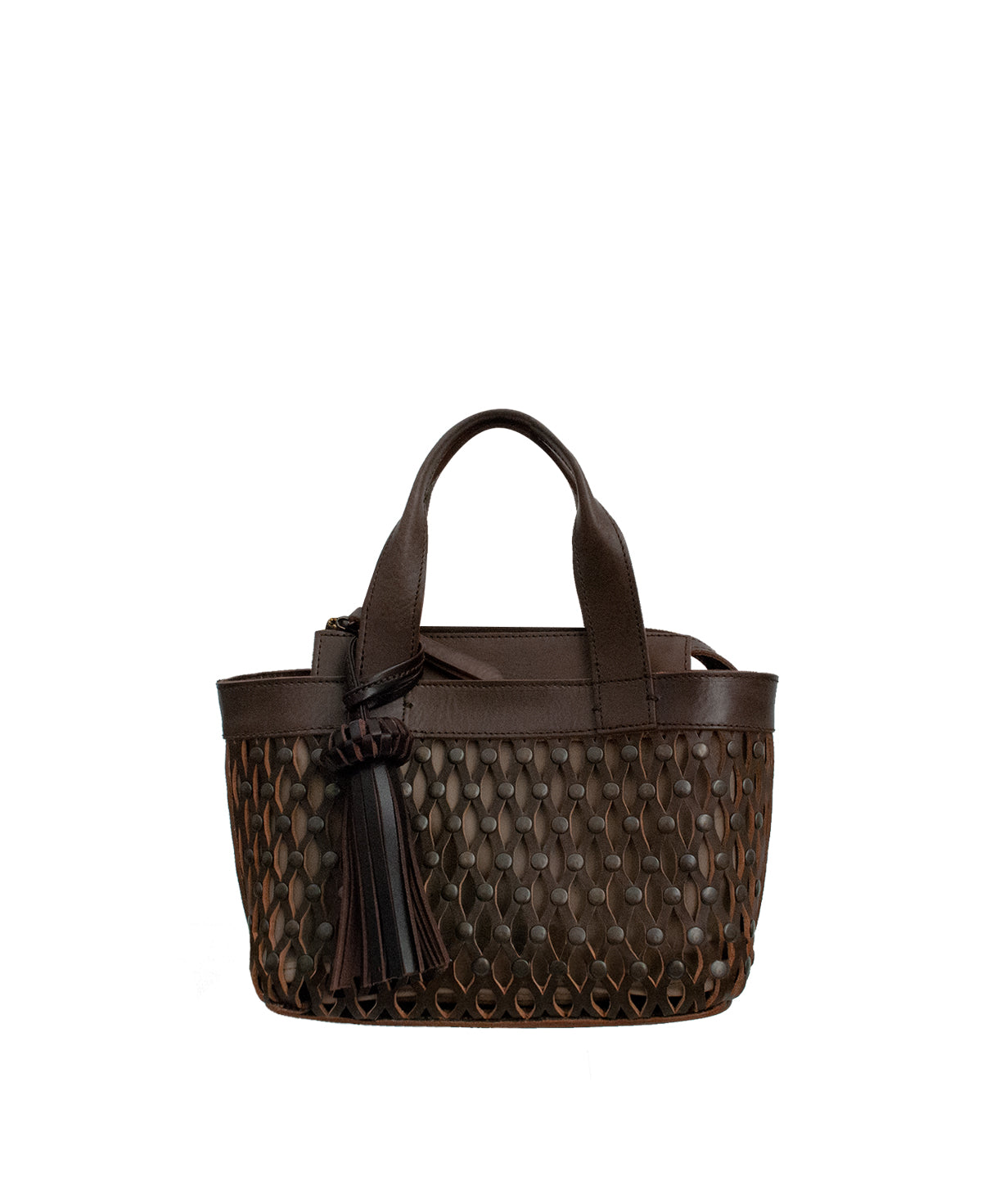 Mini Tulum brown leather bag with removable crossbody strap attached.