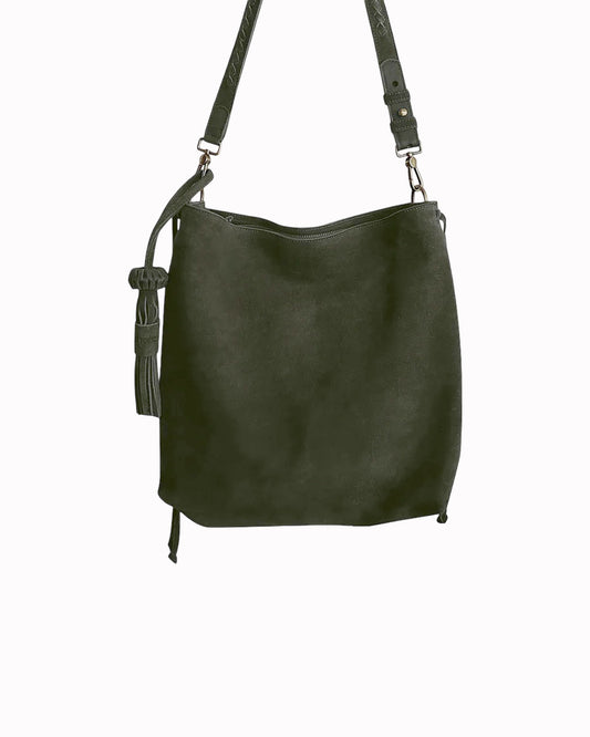 → PRE-ORDER Bacalar Shoulder Bag: Soft Olive Green Genuine Suede