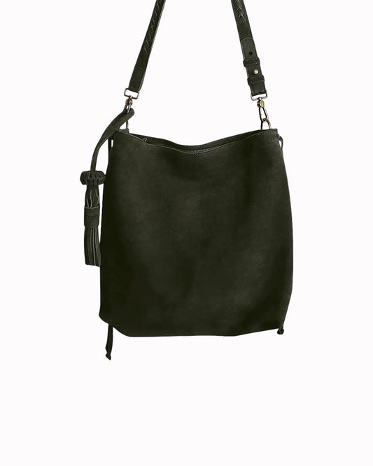 → PRE-ORDER Bacalar Shoulder Bag: Soft Olive Green Genuine Suede