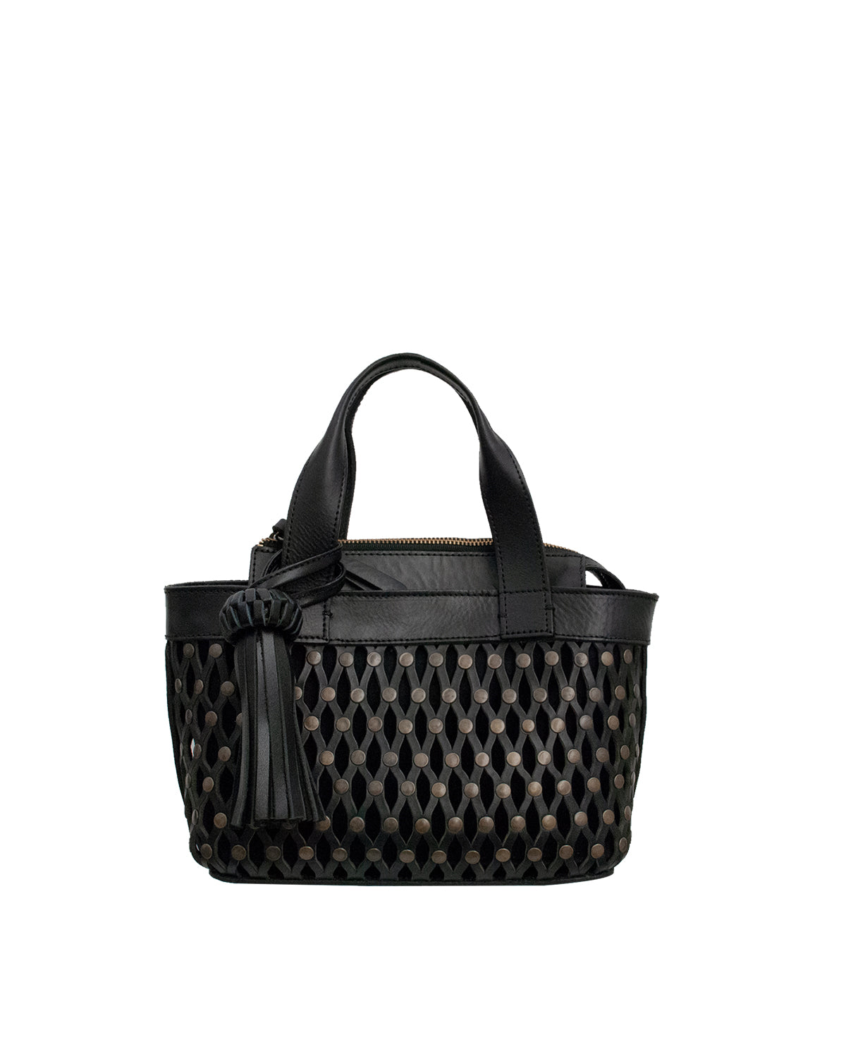 Front view of the Studded Black Leather Mini Tulum handbag with metallic rivets.