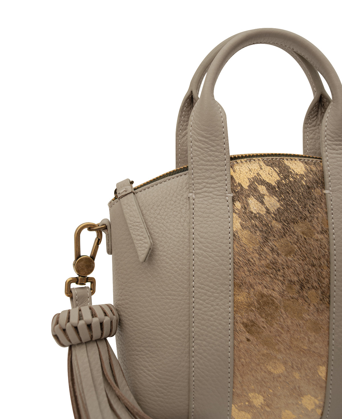 KELLY Structured Top Handle bag - Gray & Furry Gold Leather