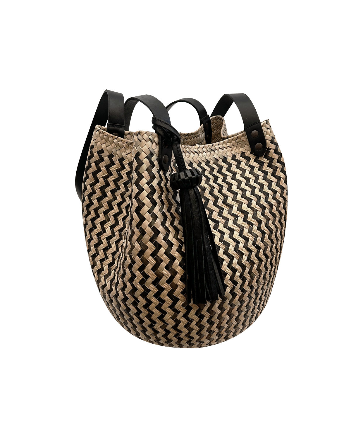 Products Lolita black leather bucket bag / black zigzag hand woven palm