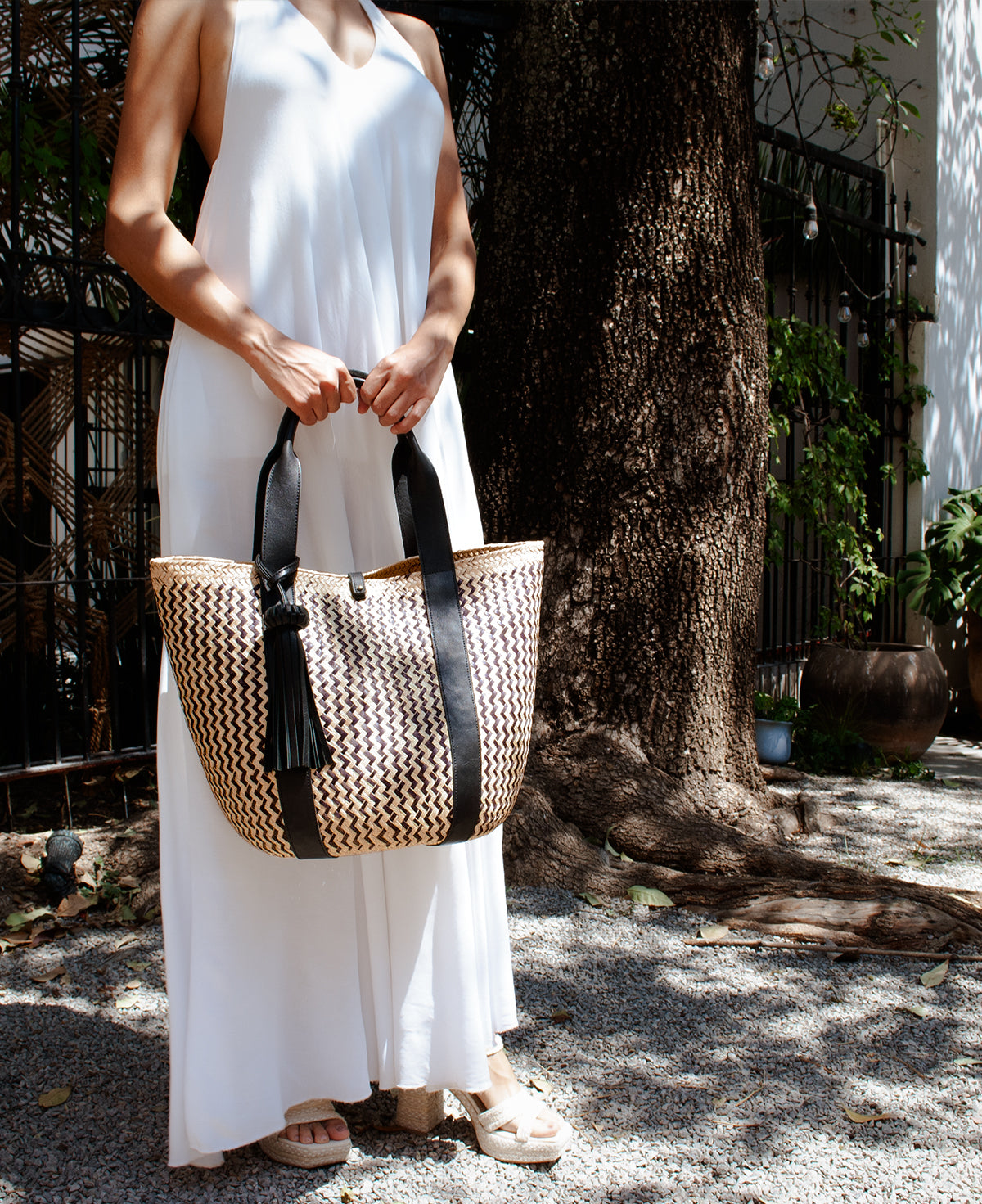 Palm Leaf Basket Bag w/ Zigzag Pattern & Black Leather Straps