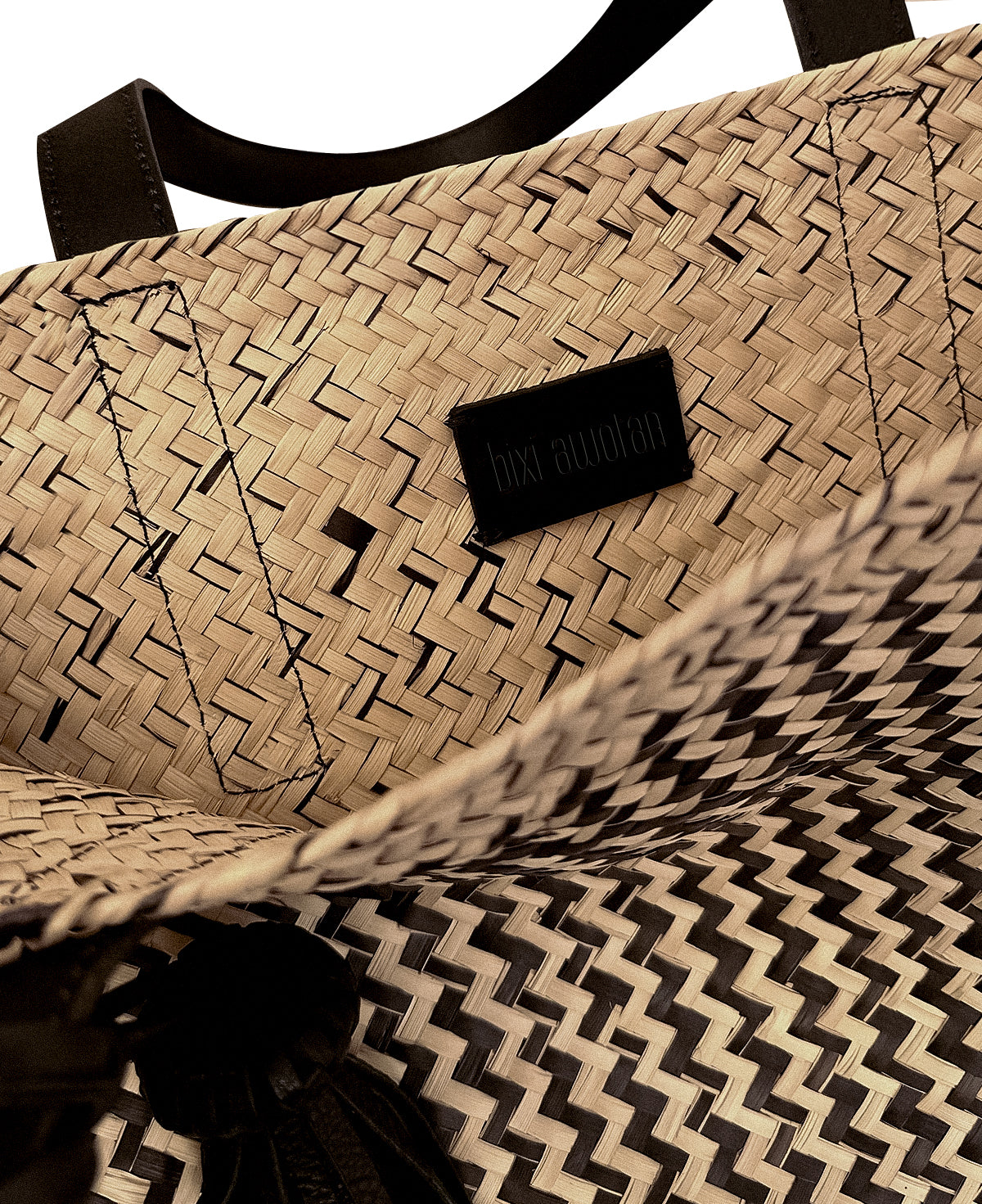 Palm Leaf Basket Bag w/ Zigzag Pattern & Black Leather Straps