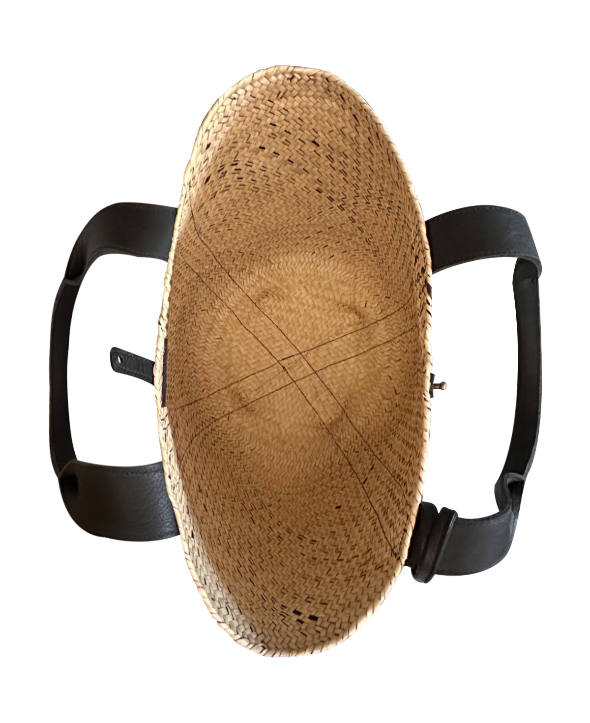 Palm Leaf Basket Bag w/ Zigzag Pattern & Black Leather Straps