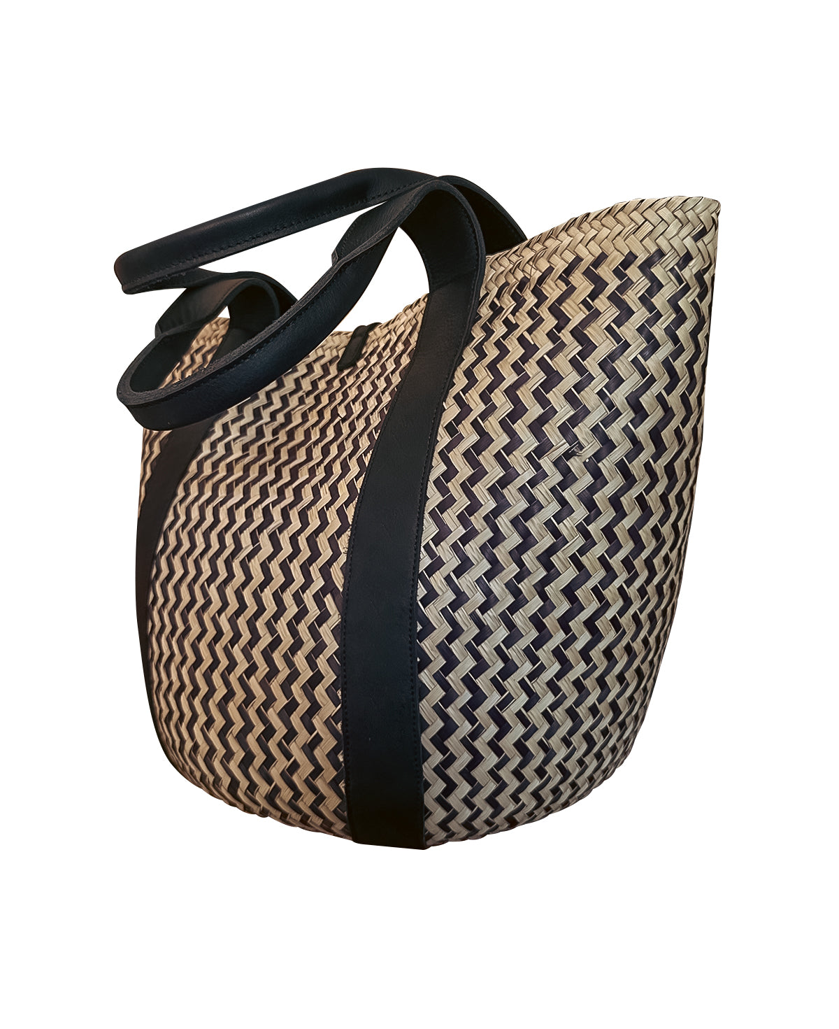 Palm Leaf Basket Bag w/ Zigzag Pattern & Black Leather Straps