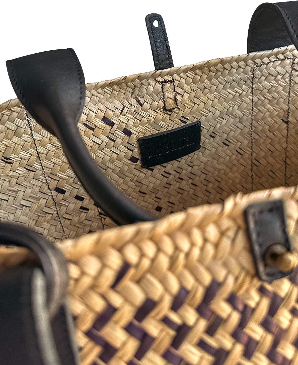 Palm Leaf Basket Bag w/ Zigzag Pattern & Black Leather Straps