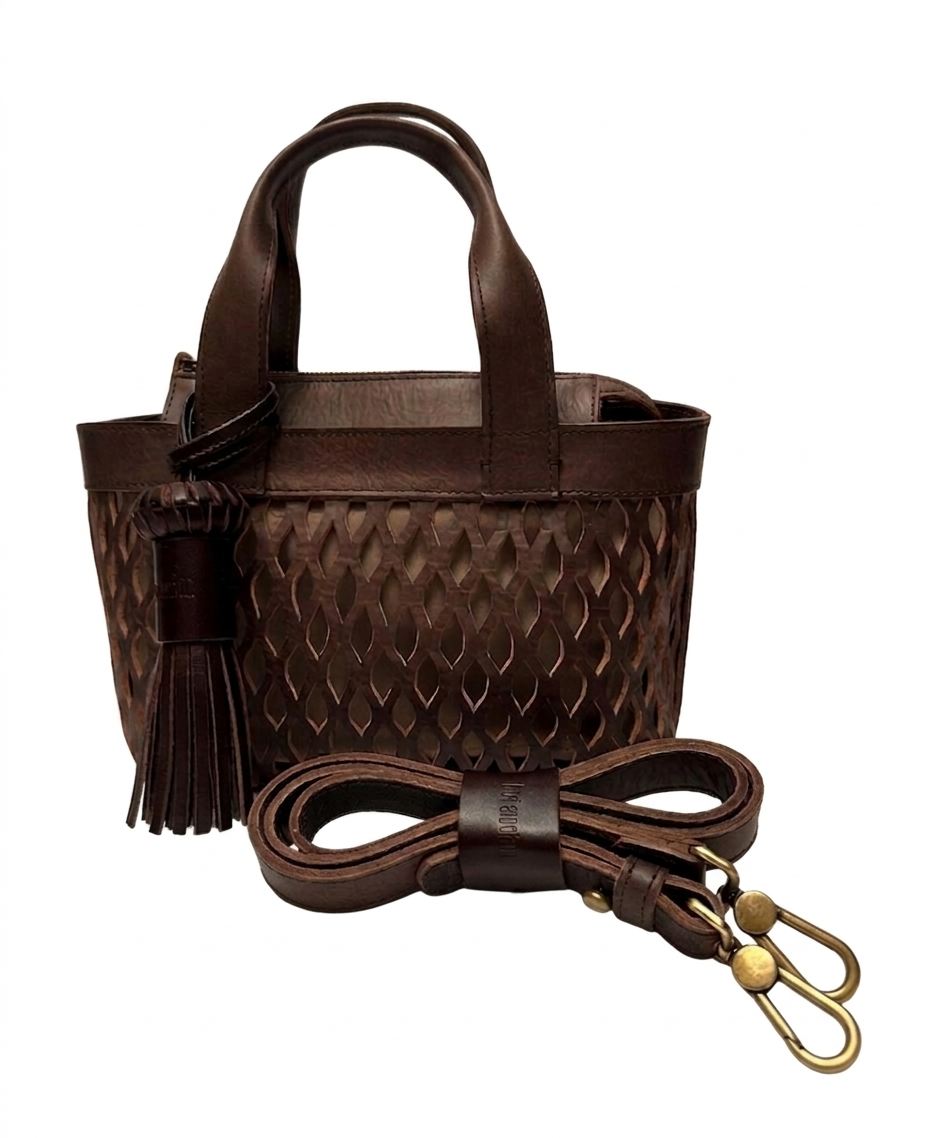Studded Mocha Leather Mini Tulum Handbag w/Removable Crossbody Strap