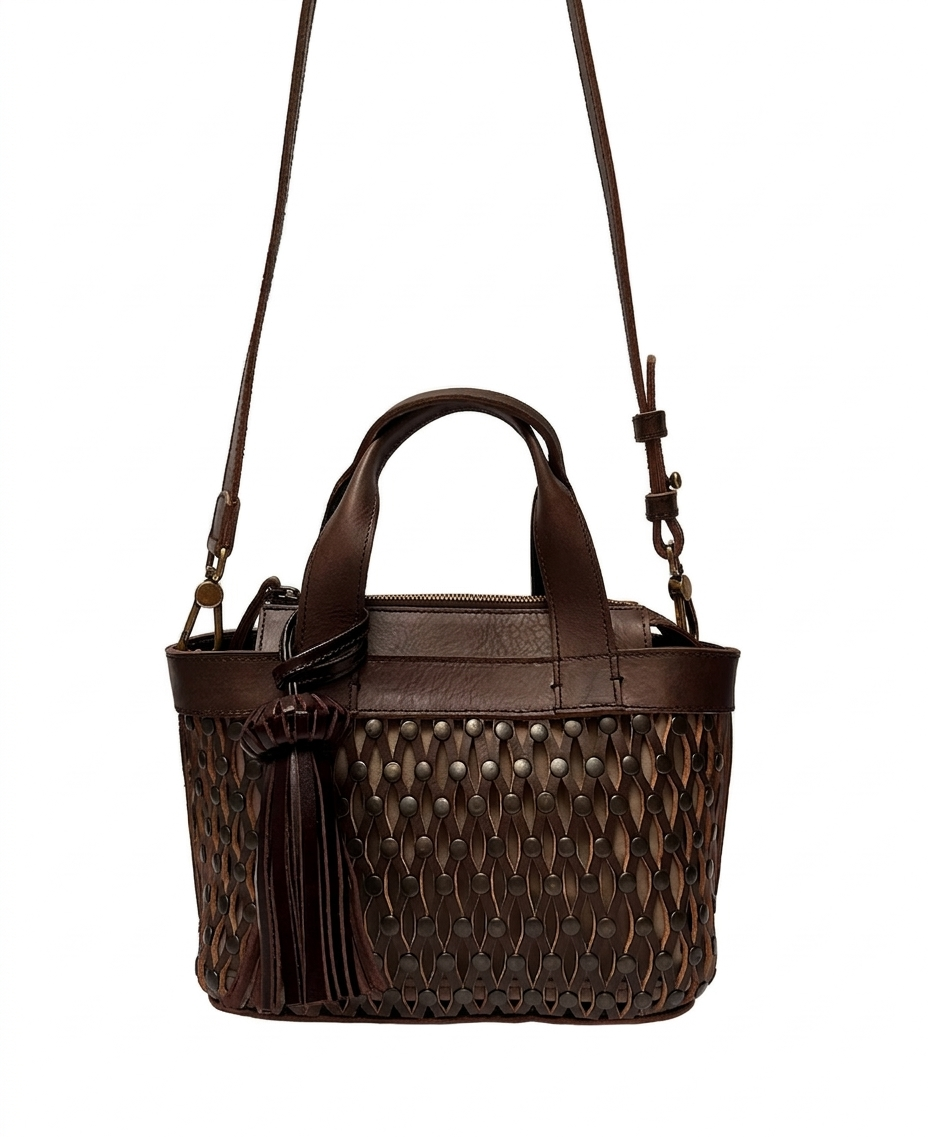 Versatile brown studded handbag shown as a top-handle mini bag.