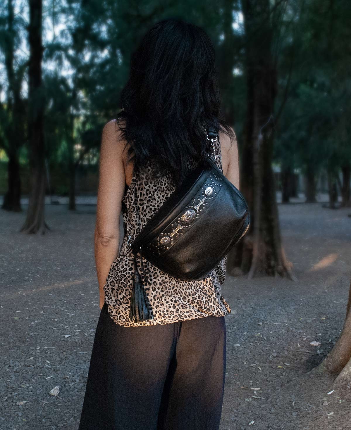 Studded Leather Fanny Pack with Metallic Rivets