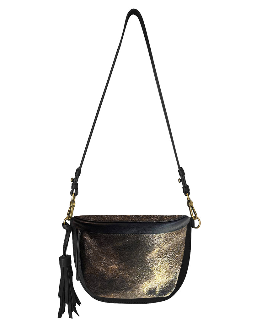 Metallic Gold & Black Soft Leather Sling Bag | Adjustable Crossbody