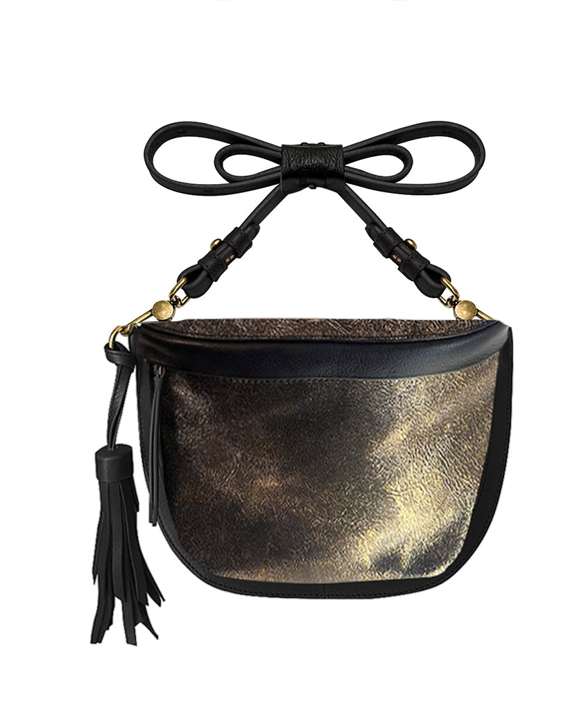 Metallic Gold & Black Soft Leather Sling Bag | Adjustable Crossbody