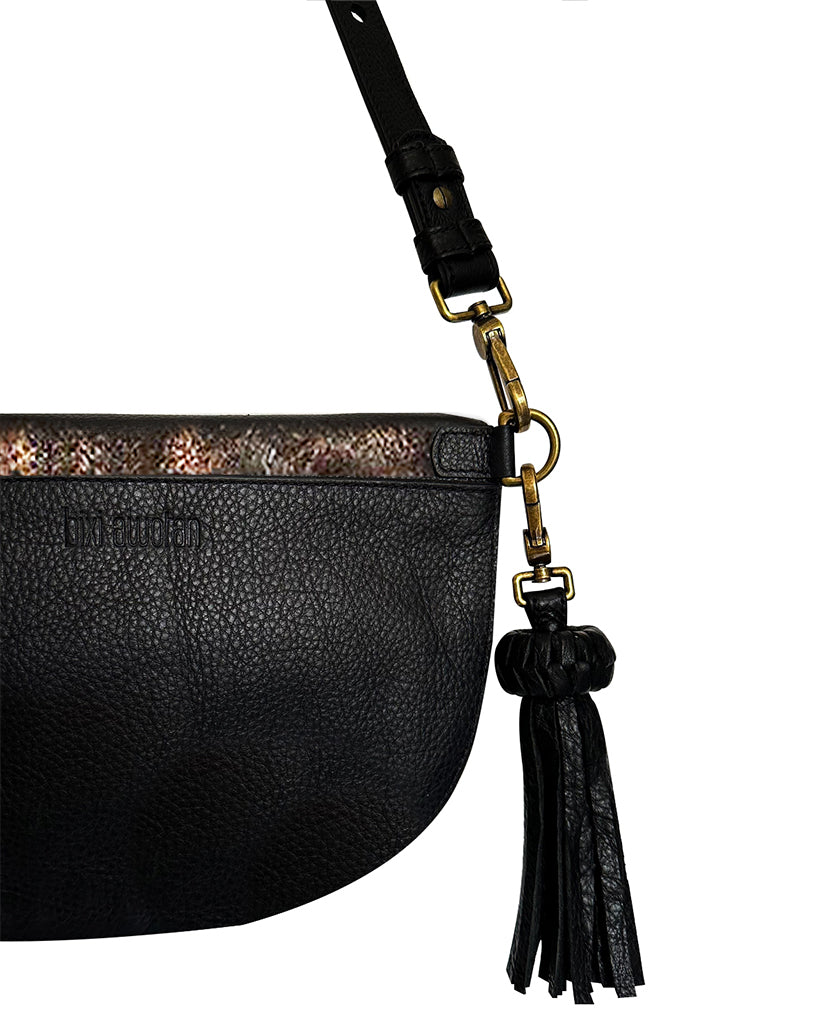Metallic Gold & Black Soft Leather Sling Bag | Adjustable Crossbody