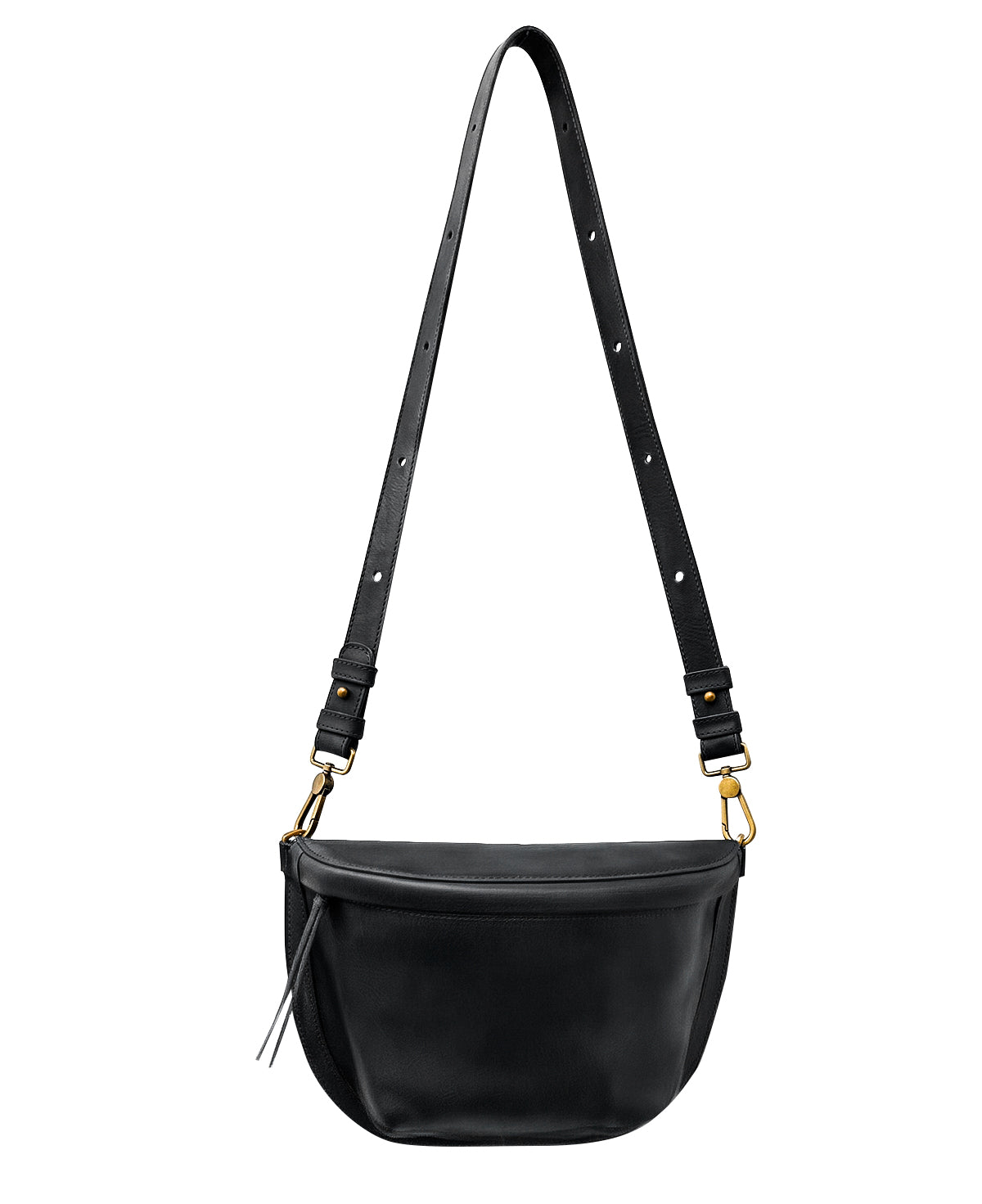 Bandolera sling bag artesanal de piel genuina Bixi Awotan en tono Negro con correa ajustable y cierres.  

Bixi Awotan handcrafted Black leather sling bag and fanny pack with adjustable strap. 