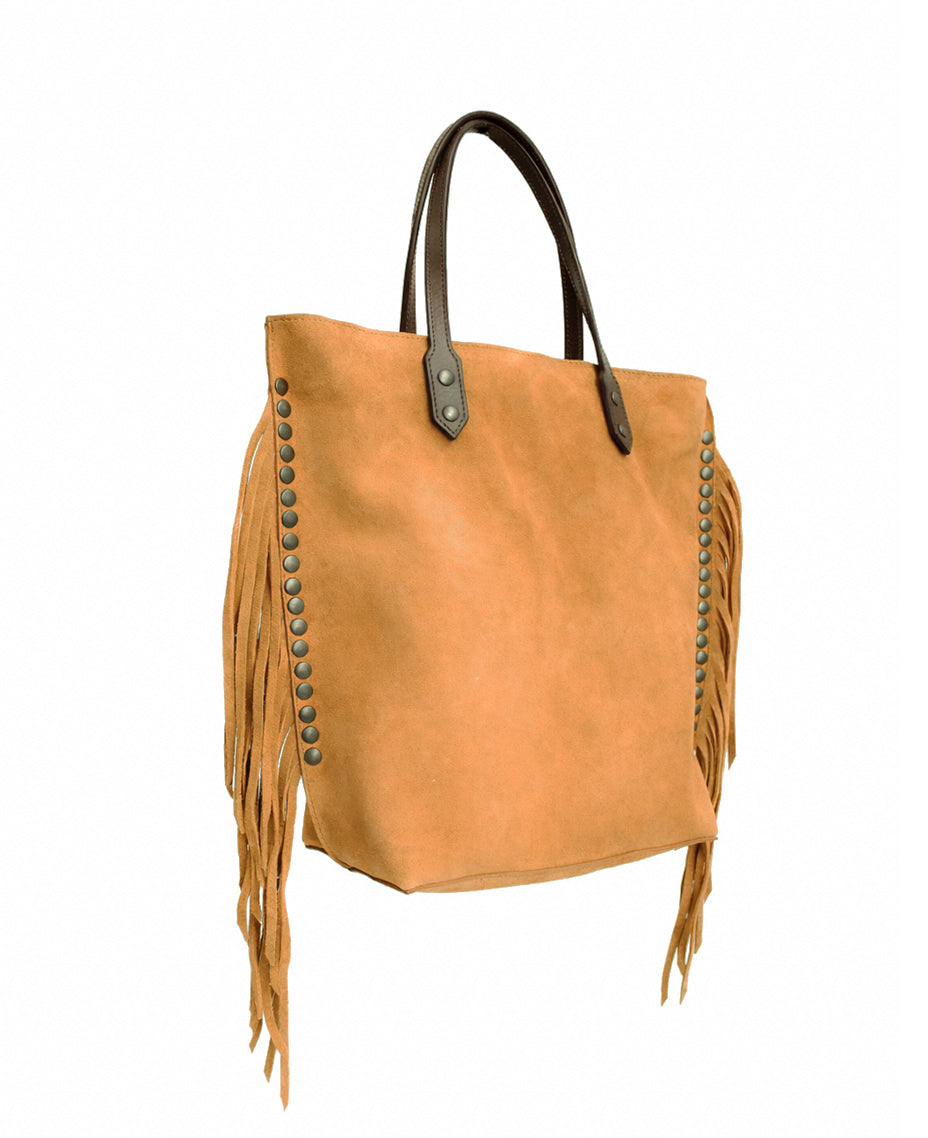 Chavela Studded Tote Bag with fringes: Radiant Mustard Genuine Suede