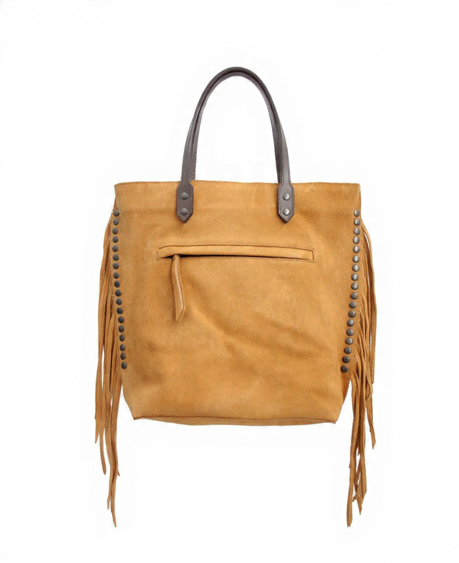 Chavela Studded Tote Bag with fringes: Radiant Mustard Genuine Suede