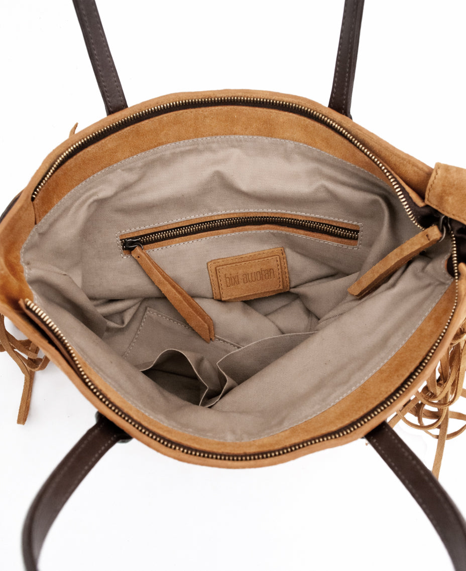 Chavela Studded Tote Bag with fringes: Radiant Mustard Genuine Suede