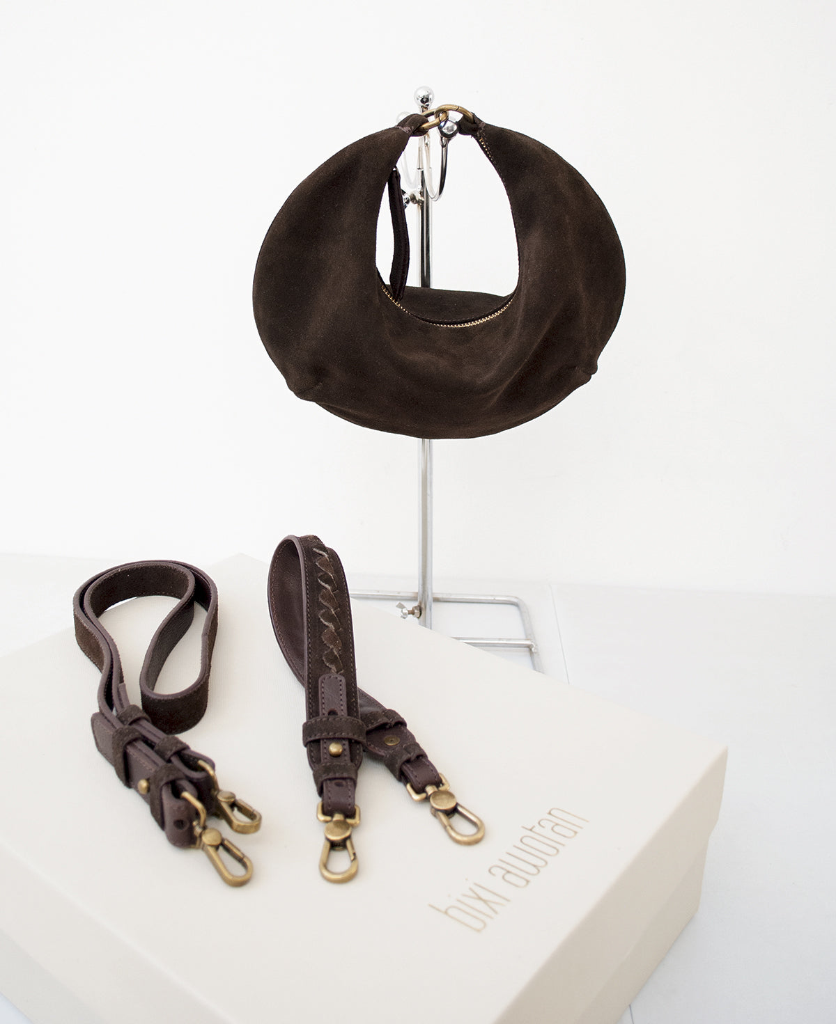 'Lucky Cookie' Round Mini Shoulder Bag: Soft Espresso Coffee Genuine Suede