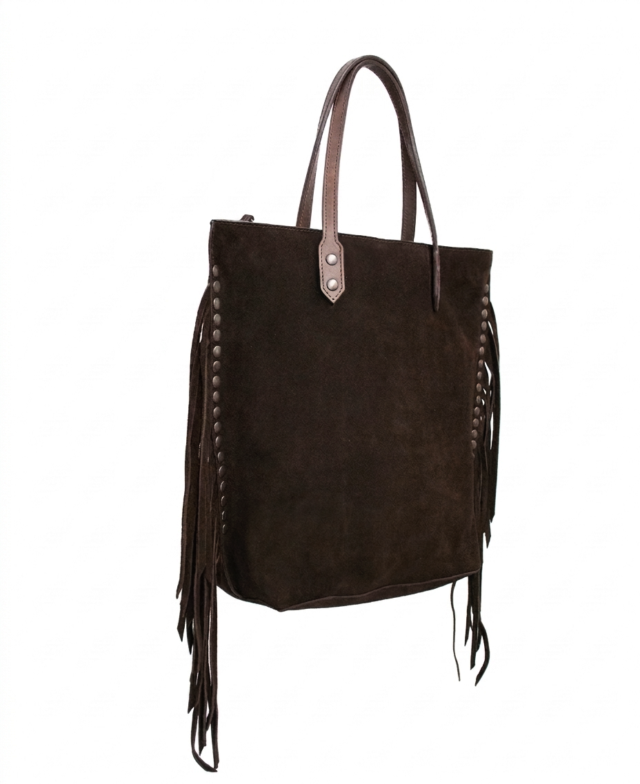 Chavela Studded Tote Bag with fringes: Soft Espresso Coffee Genuine Suede