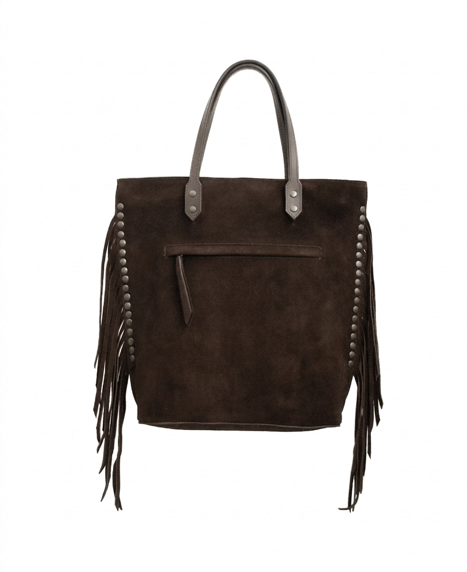 Chavela Studded Tote Bag with fringes: Soft Espresso Coffee Genuine Suede