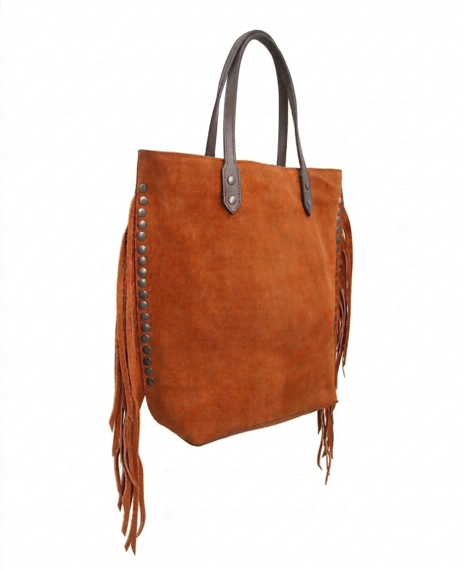 Chavela Studded Tote Bag with fringes: Vibrant Apricot Genuine Suede