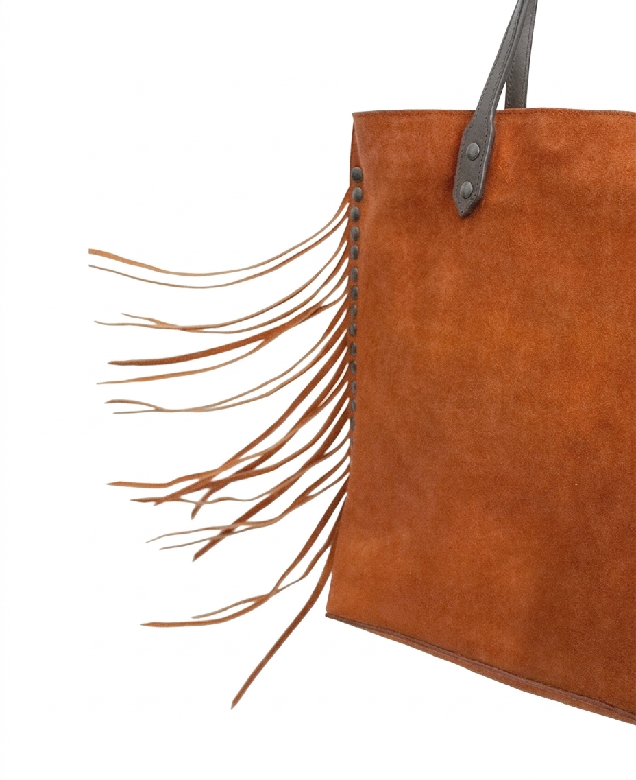 Chavela Studded Tote Bag with fringes: Vibrant Apricot Genuine Suede