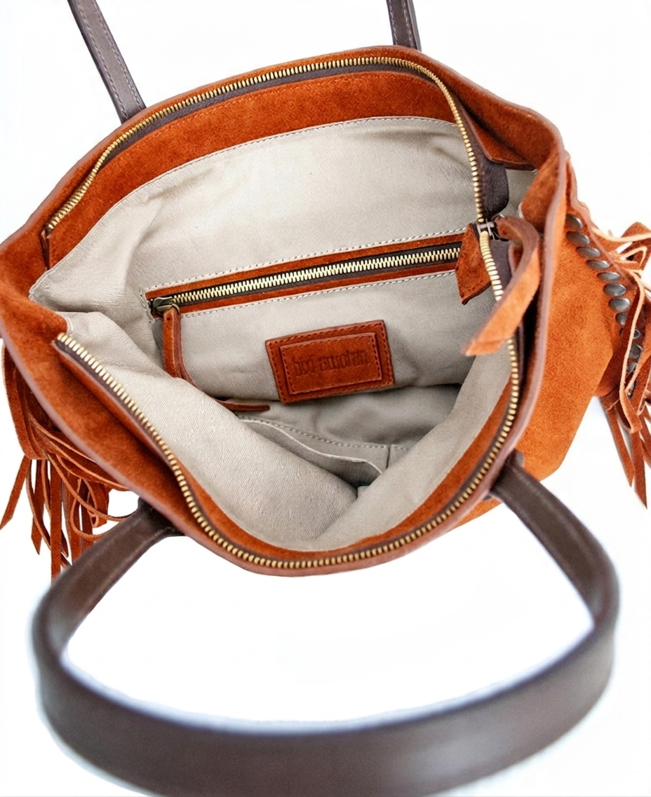 Chavela Studded Tote Bag with fringes: Vibrant Apricot Genuine Suede