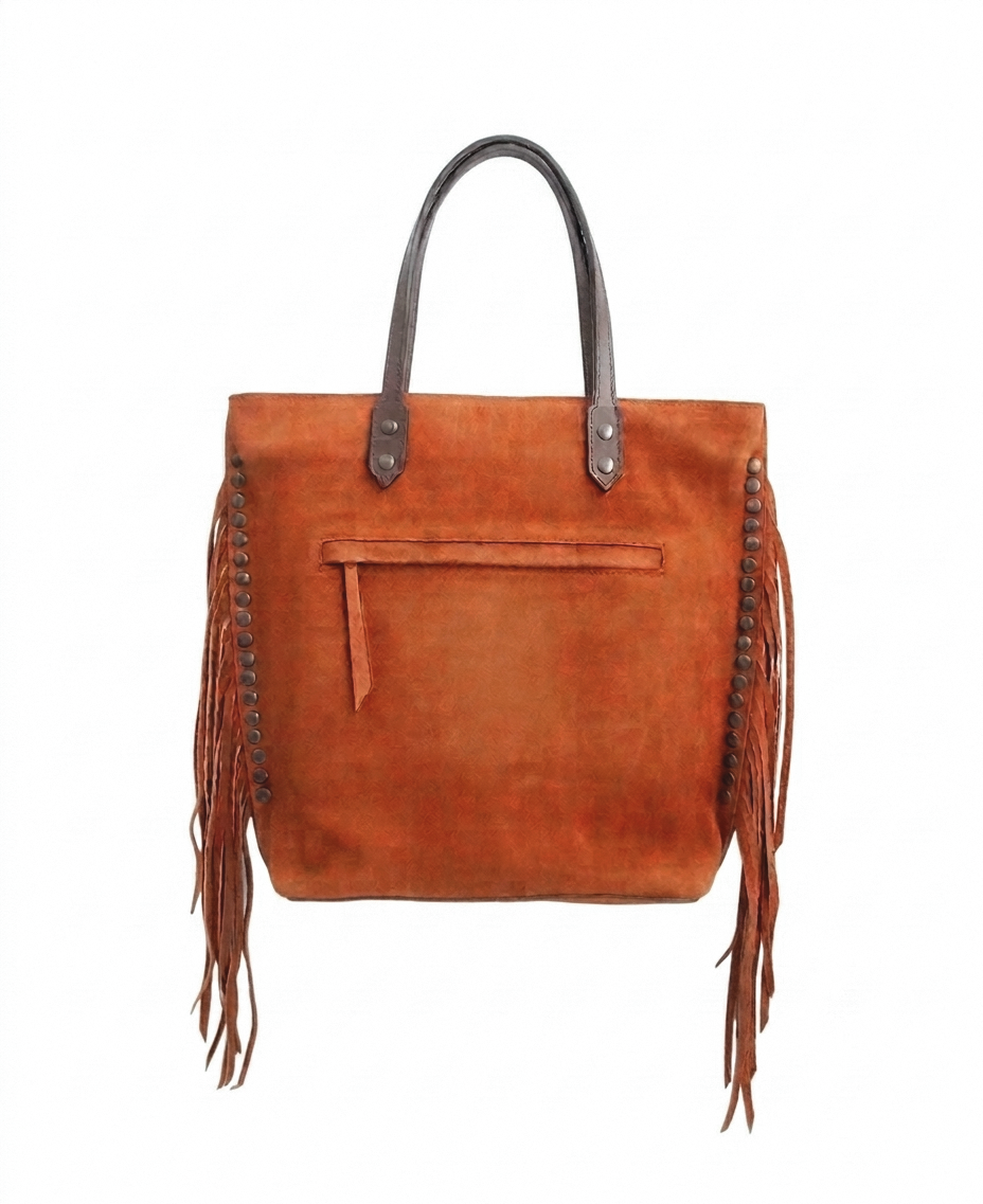 Chavela Studded Tote Bag with fringes: Vibrant Apricot Genuine Suede