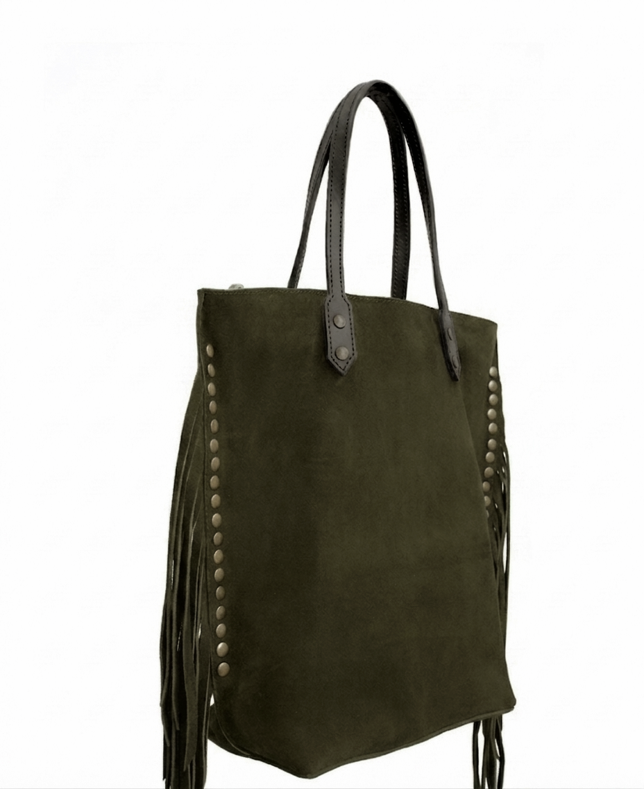 Chavela Studded Tote Bag with fringes: Soft Olive Green Genuine Suede