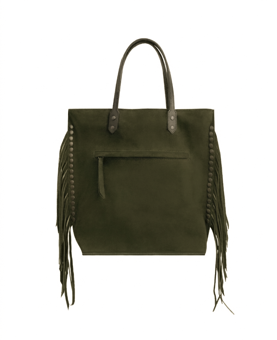 Chavela Studded Tote Bag with fringes: Soft Olive Green Genuine Suede