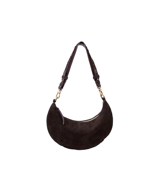 'Lucky Cookie' Round Mini Shoulder Bag: Soft Espresso Coffee Genuine Suede