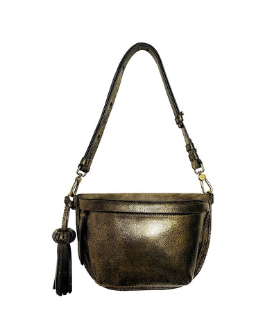 Gold Metallic Textured Leather Sling Bag Crossbody