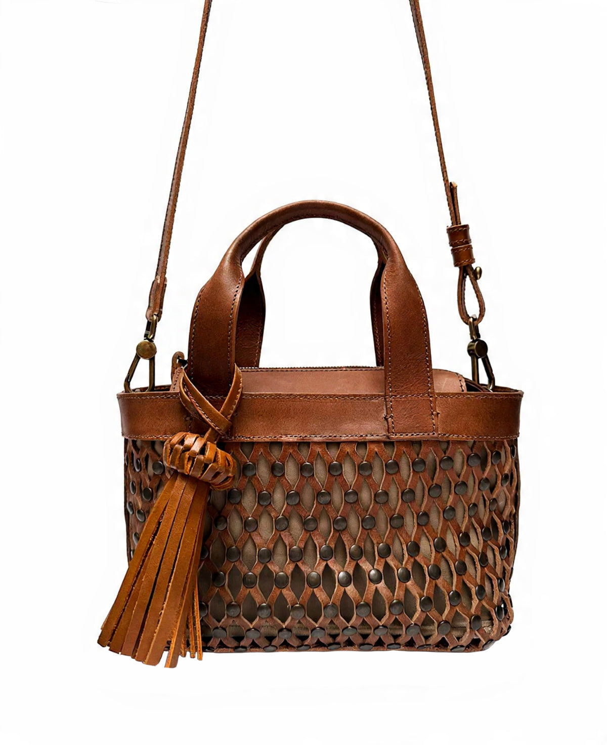 Caramel Tan leather mini bag shown with its removable long crossbody strap for versatile styling.