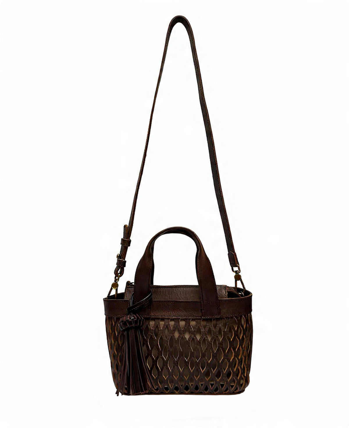 petite Mini Tulum in brown leather showing its elegant, smooth silhouette.