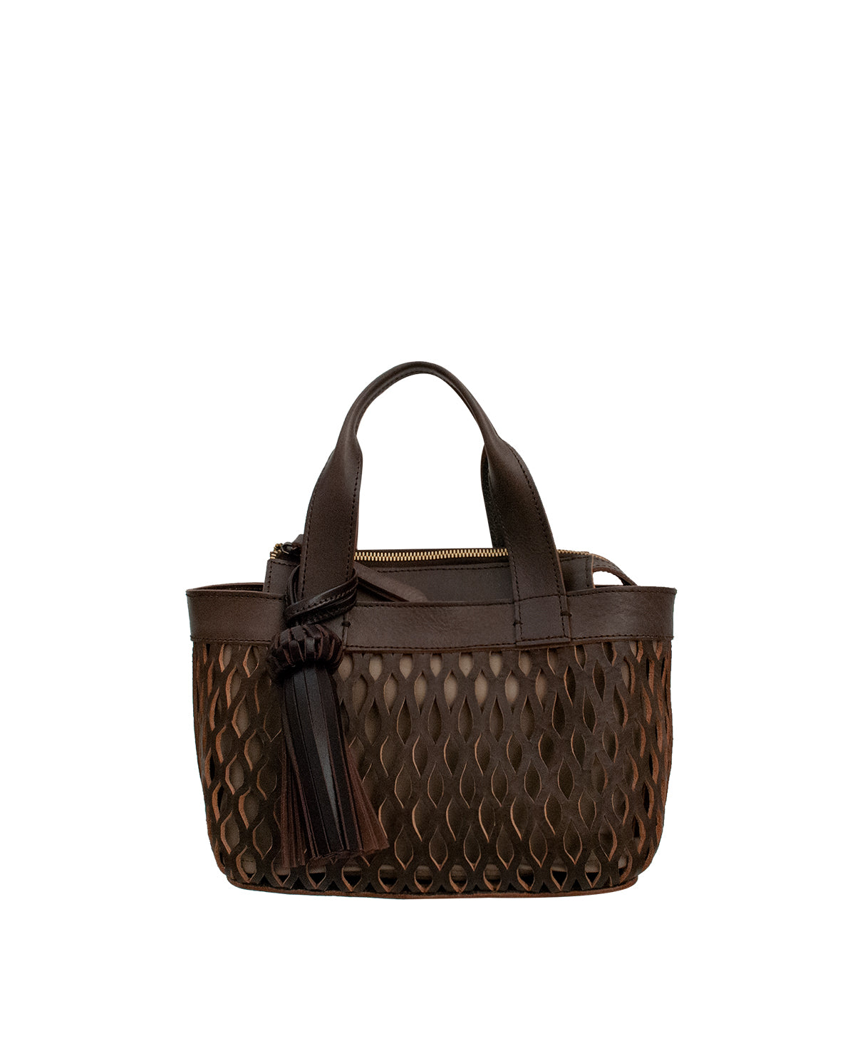 Front view of the smooth mocha brown genuine leather Mini Tulum handbag in a minimal, clean design.