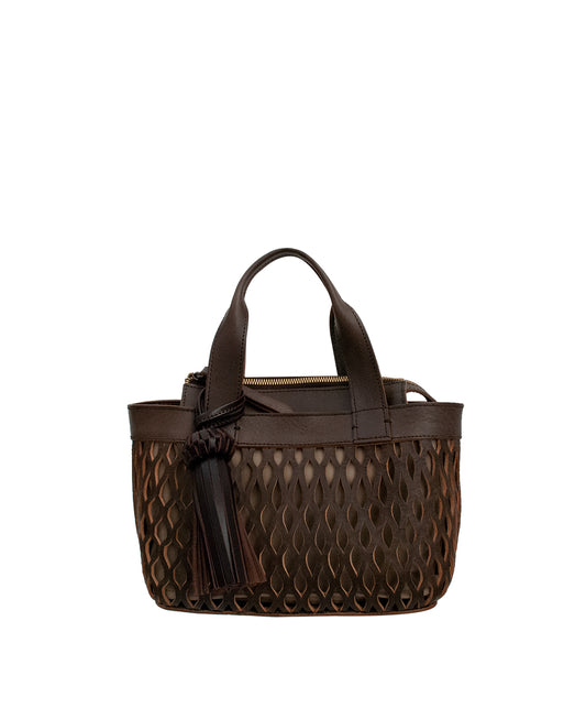 Front view of the smooth mocha brown genuine leather Mini Tulum handbag in a minimal, clean design.