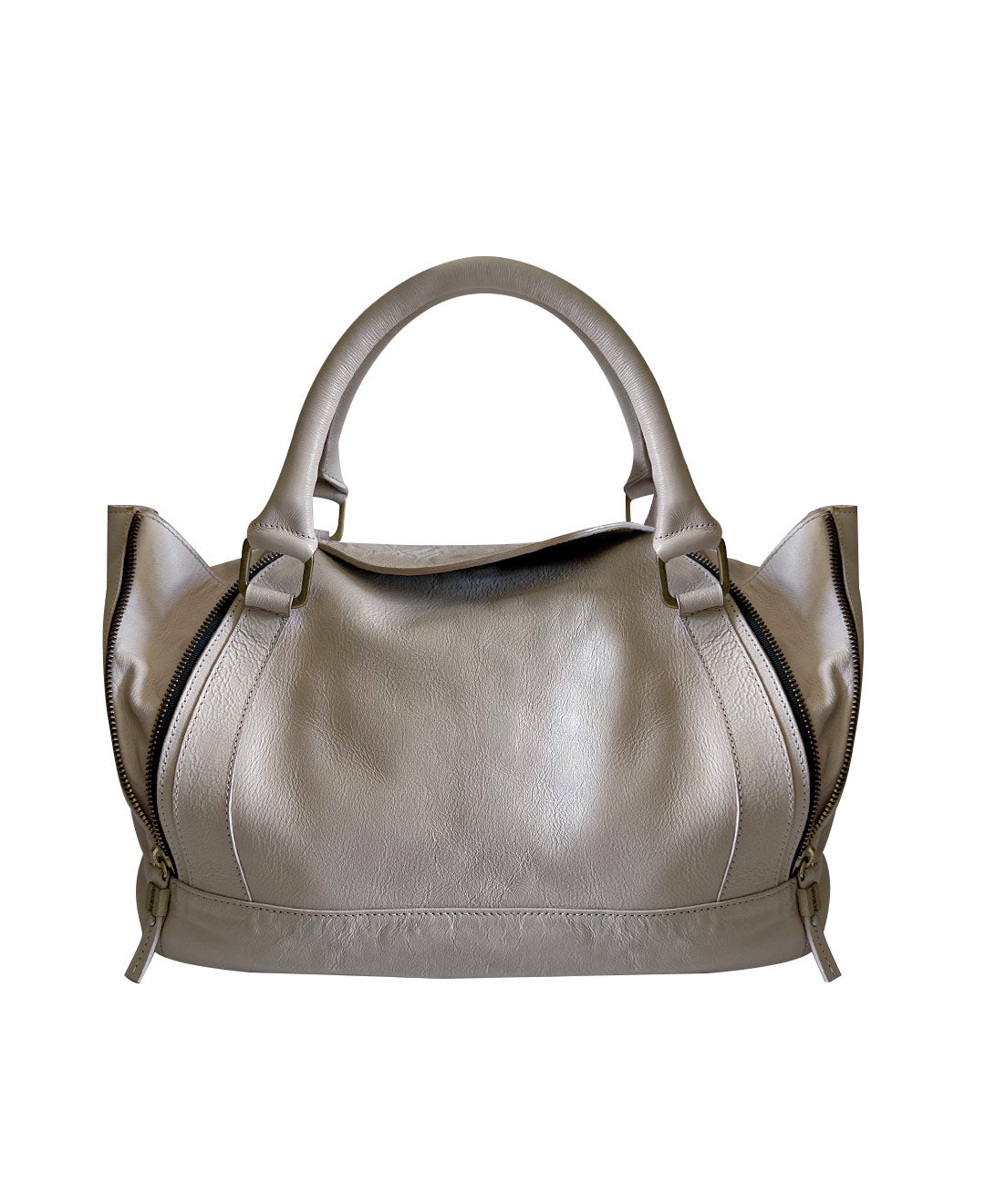 Pre-Owned Taupe Gray Leather Double Zip Handbag | Sustainable Style