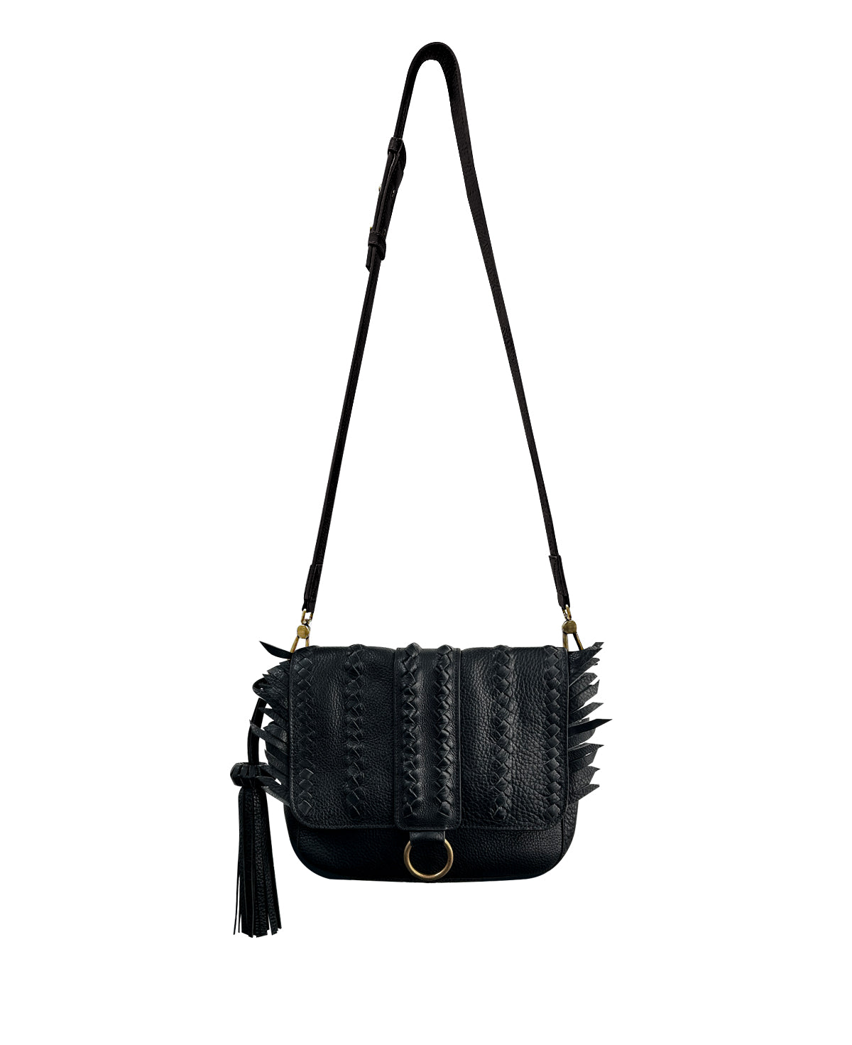 Black SENECA Leather Bag with Braids & Frings Details