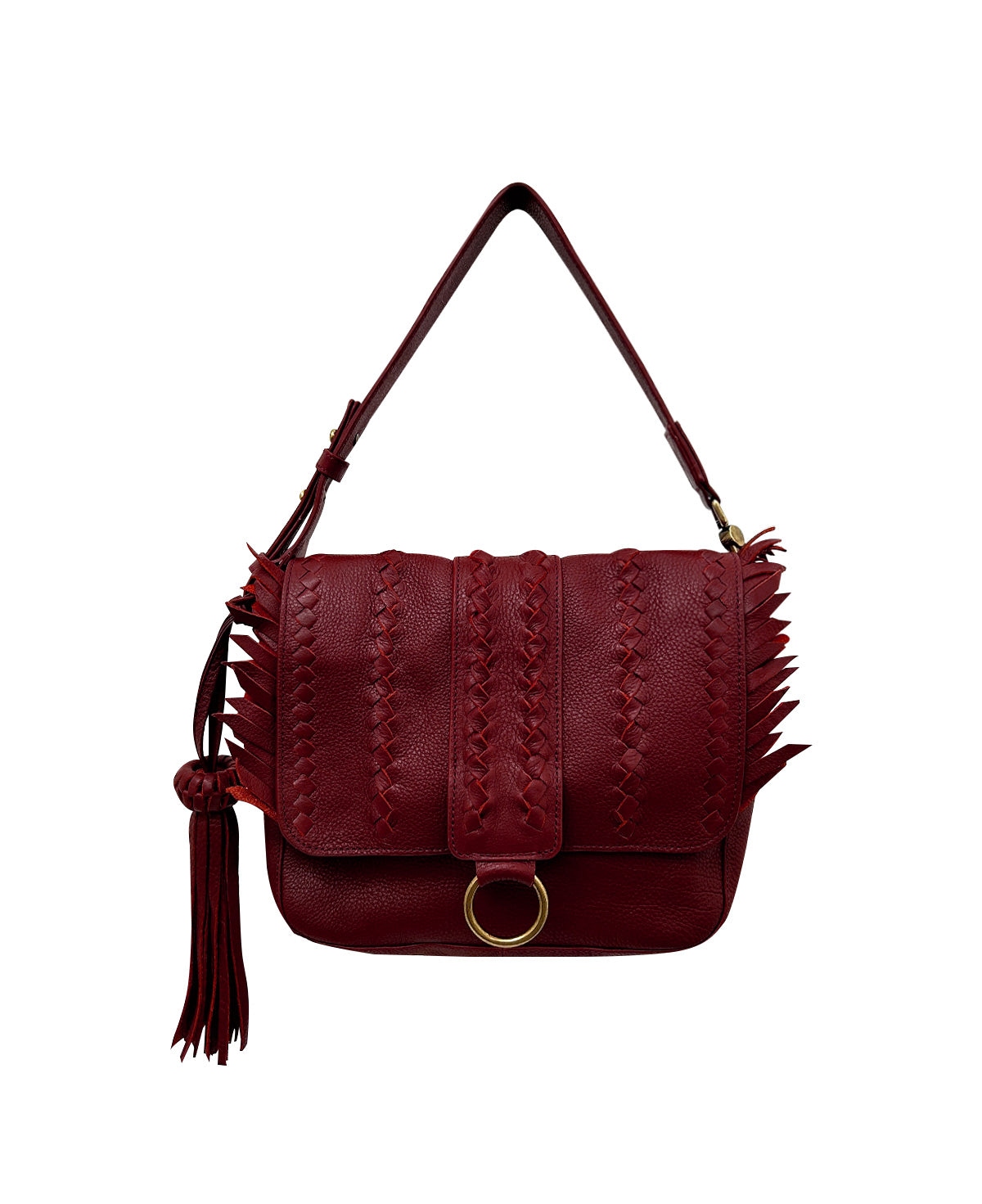 Burgundy / Maroon SENECA Leather Bag with Braids & Frings Details