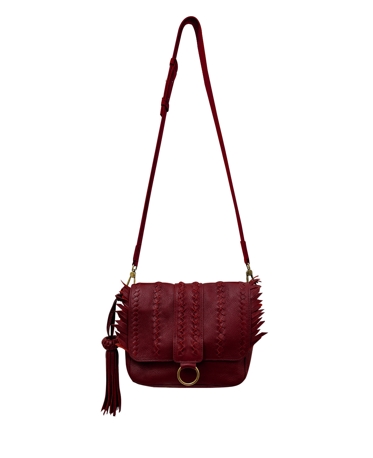 Burgundy / Maroon SENECA Leather Bag with Braids & Frings Details