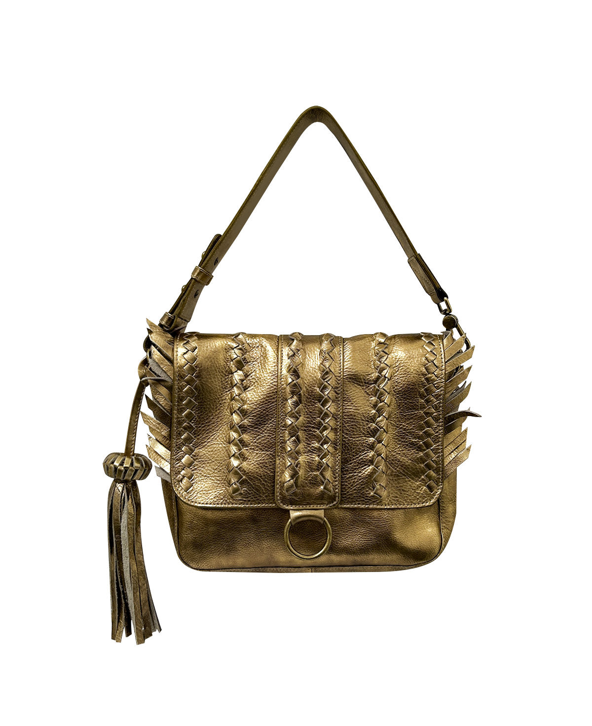Metallic Gold SENECA Leather Bag with Braids & Frings Details