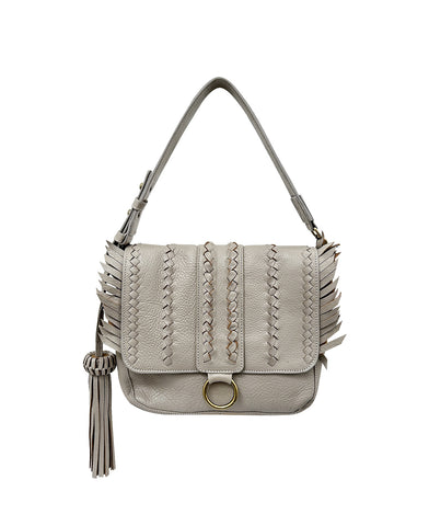 Gray/Taupe SENECA Leather Bag with Braids & Frings Details