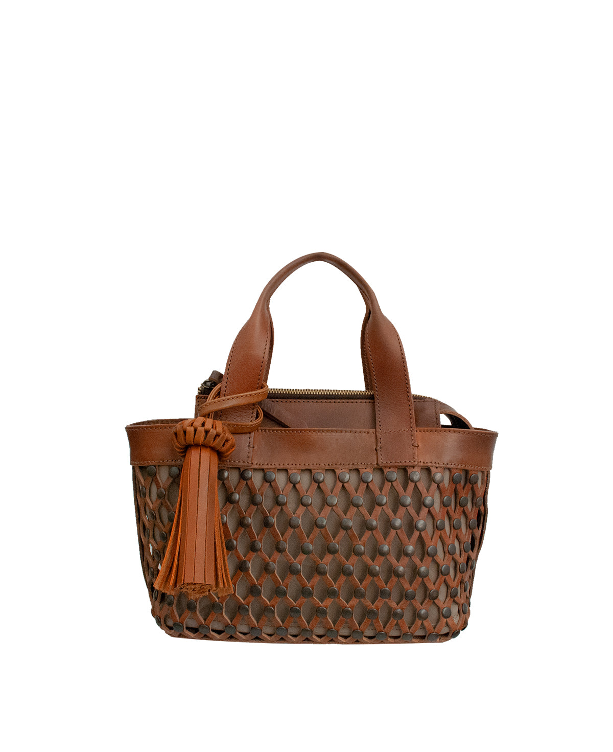 Studded Caramel Tan genuine leather Mini Tulum handbag with top handle and metallic rivets.
