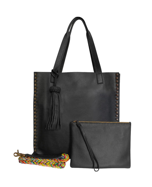 Black Leather Tzeltal Tote Bag with Detachable Pouch | Bixi Awotan